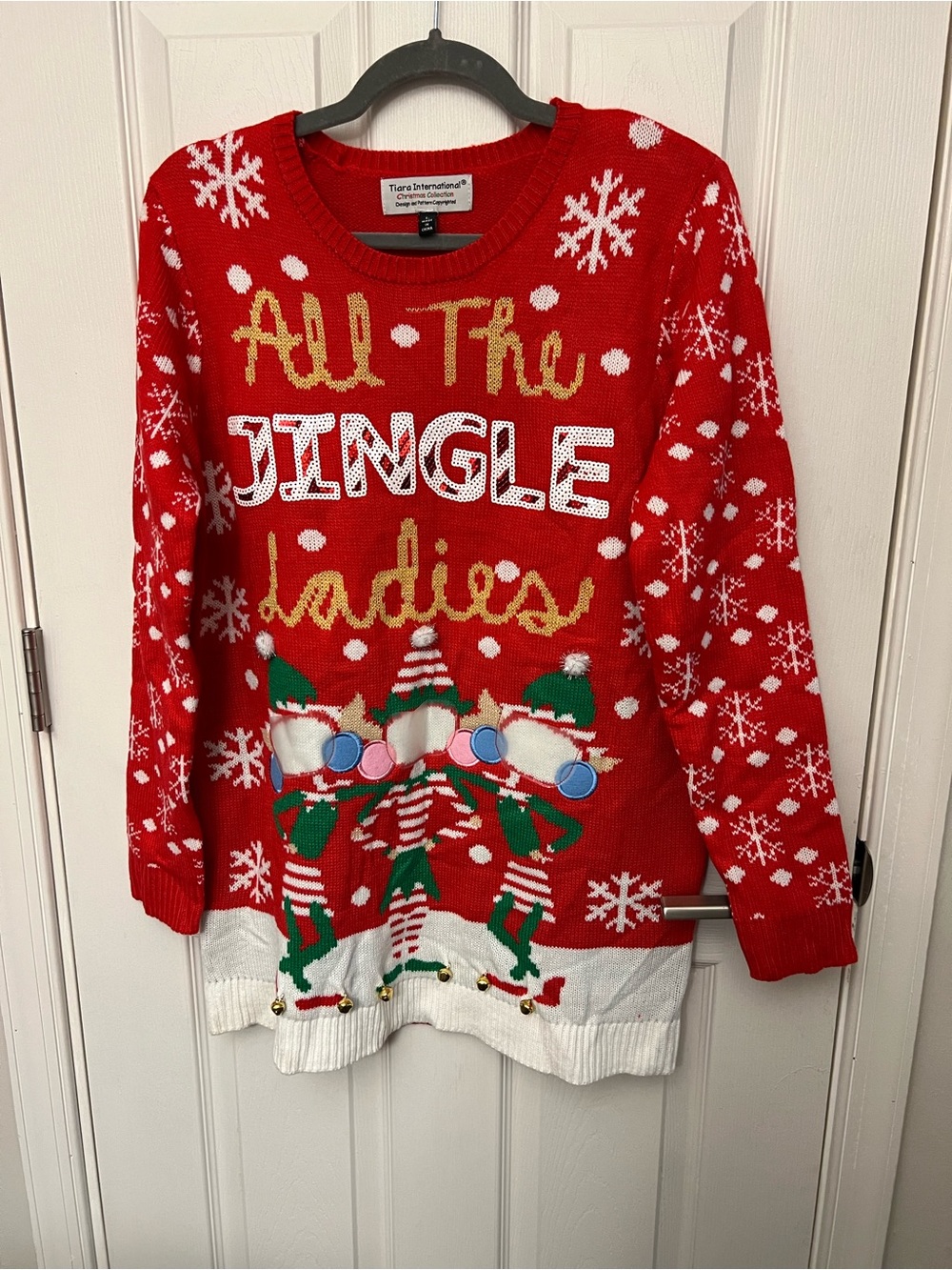 Tiara International Women’s L Red Knit Crew Neck Sequin Jingle Bells Sweater